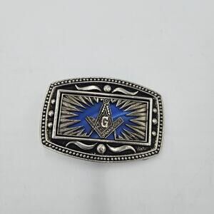 Vintage Silvertone Masonic Metallic Blue Background Belt Buckle Square Compass